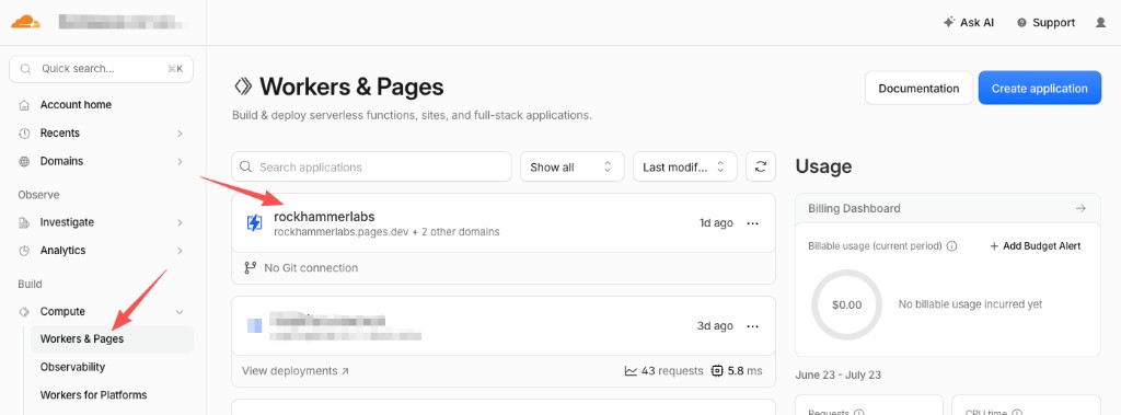 Cloudflare：左侧 Workers & Pages，打开已部署的 Pages 项目